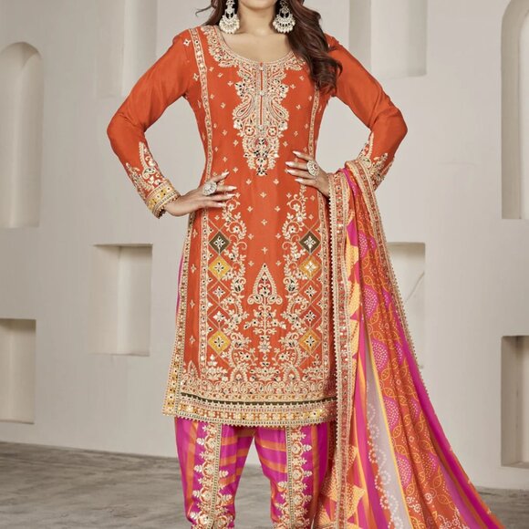 Designer Wedding Festive Wear Orange Punjabi Style Dhoti Salwar Suit - Picture 4 of 4